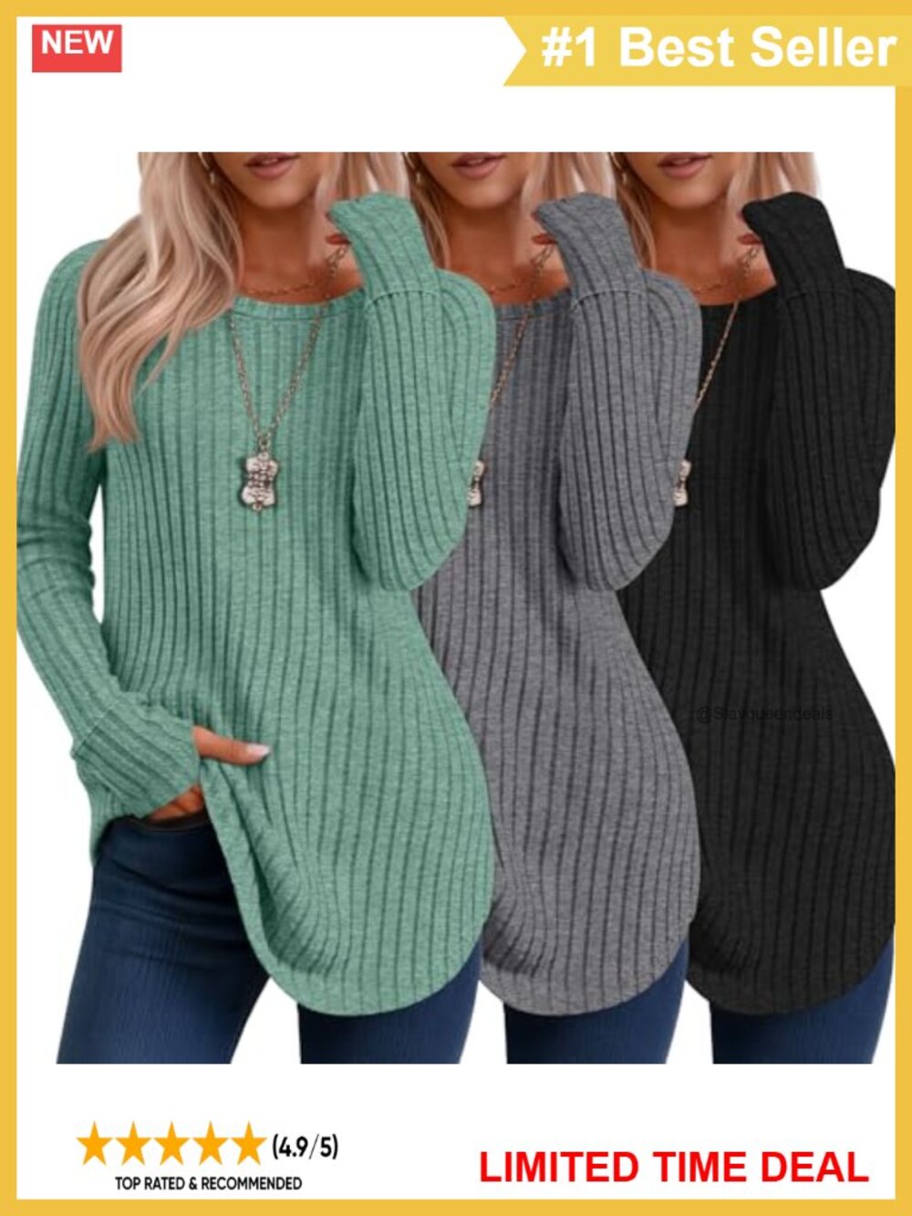 Womens Long Sleeve Sweaters Thumb Hole Tunic Tops Ribbed Knit Pullover 3 Pack